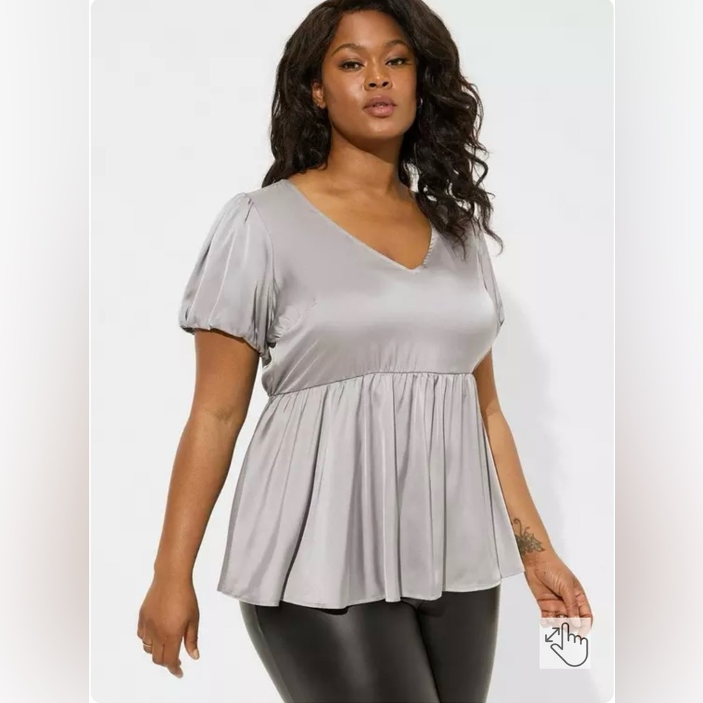 Satin V-Neck Puff Short Sleeve Blouse